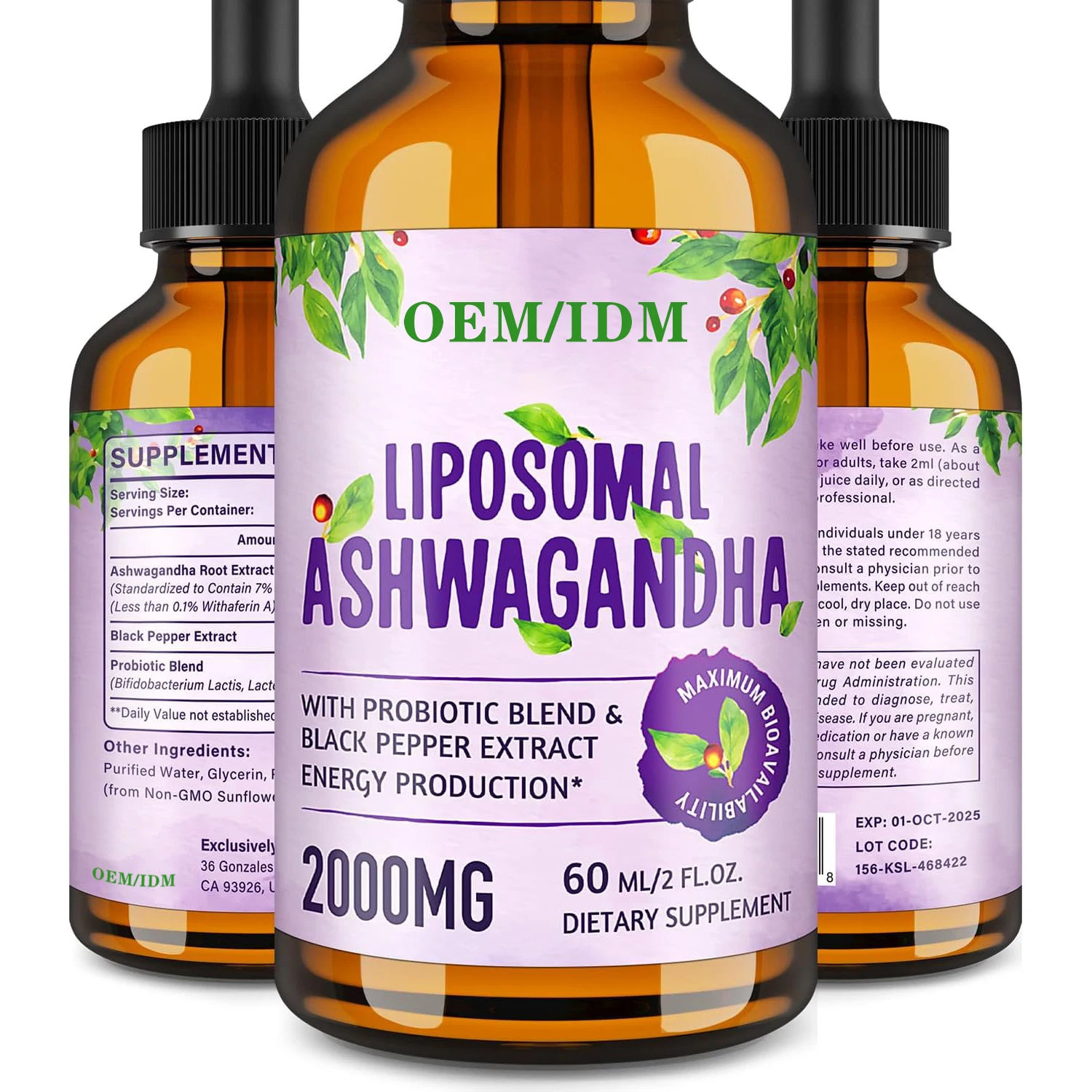 Free Sample Liquid Ashwagandha KSM 66 Root Extract Cognitive Function and Focus Booster Drops for Adults