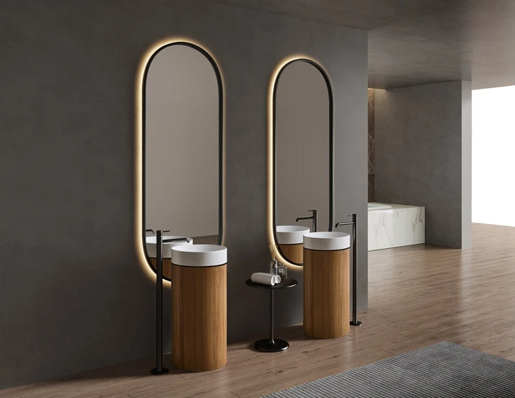 Bathroom Wood Grain Stainless Steel Round Pedestal Sink Artificial Stone European Style Freestanding Pedestal Wash Basin