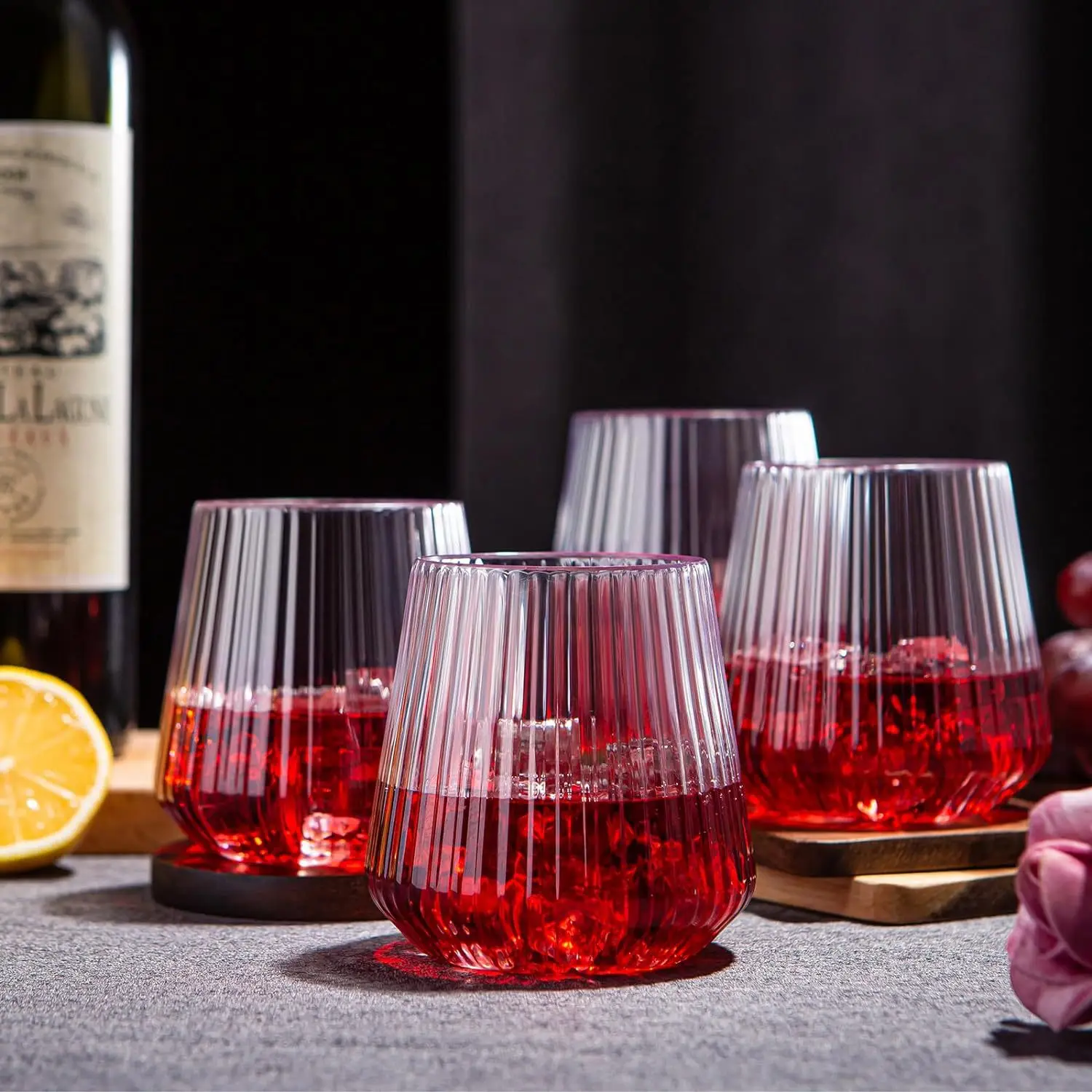 14Oz Disposable Unique Stemless Plastic Ribbed Drinking Vintage Wine  Glasses for Champagne Dessert Catering Weddings