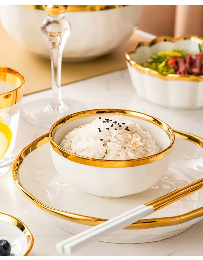 Nordic Style Luxury High Quality Ceramic Tableware Dishes and Plates Bowls Gold Rim Porcelain Dinner Set Ceramic Dinnerware Set supplier
