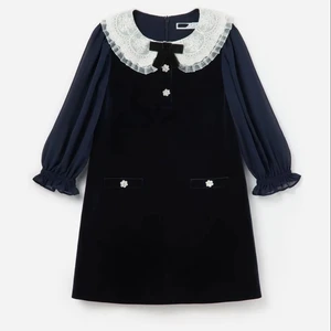 Customized Factory Girls  Kids Solid Black Velvet  Kids Wholesale  Flare Sleeves Bow Button Pocket Peter Pan Collar Dress