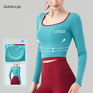 Women's Sweat-Wicking Yoga Top With Front Logo Long Sleeves Breast Pads & Round Neck Support for Autumn/Winter Fitness