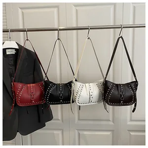 Solid Color Retro Motorcycle Shoulder Handbag Distinctive Rivet Casual Simple Portable Tote Women's Bag