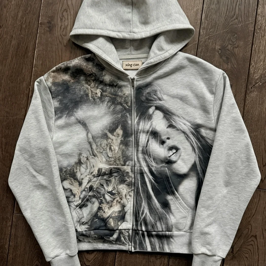 Producent odzieży OEM, niestandardowa retro bluza z kapturem i zamkiem z drukiem figuralnym dla mężczyzn, z cyfrowym nadrukiem DTG, niski minimalny nakład zamówienia (MOQ), niestandardowa produkcja