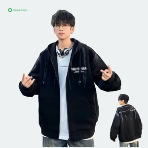 Polyester/Cotton Men's Spring Solid Knitted Loose Hoodie Custom Printed Full-Zip Puff Sleeve Breathable Windproof Quick Dry