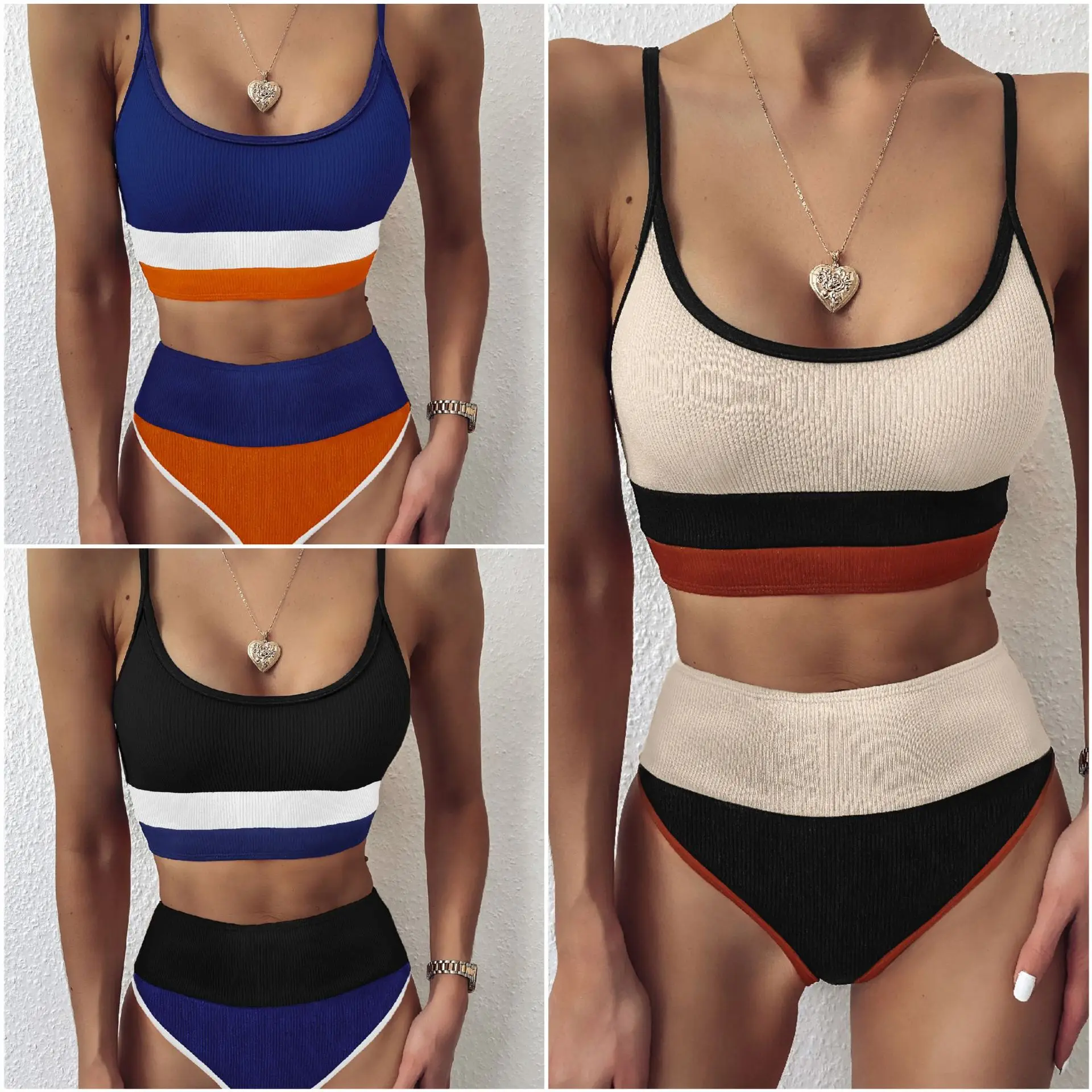 Women's Sexy Ribbed Cotton Splicing Color Sandbeach Bikini