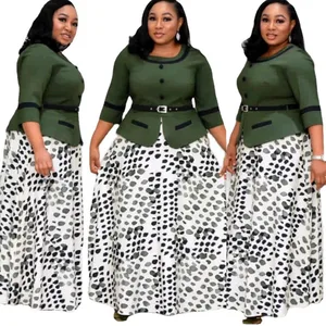 Source Factory African Large Size Women's New Printed Faux Fur Dashiki Round Neck Seven-point Sleeve Long Dress with Belt