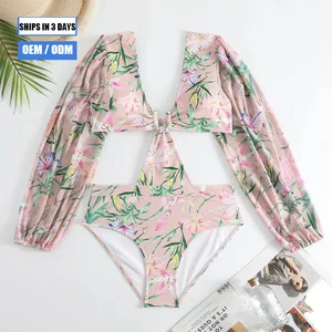 Custom Handmade 2-Piece Set Swimwear Beachwear Floral French Retro One-Piece V-neck Swimsuit Skirt Front Logo Quick Dry Stretch