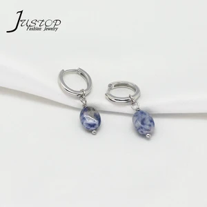 Simple Natural Stone Jewelry Ladies 925 Sterling Silver Hoop Green Aventurine Small Jade Drop Earrings Jewelry