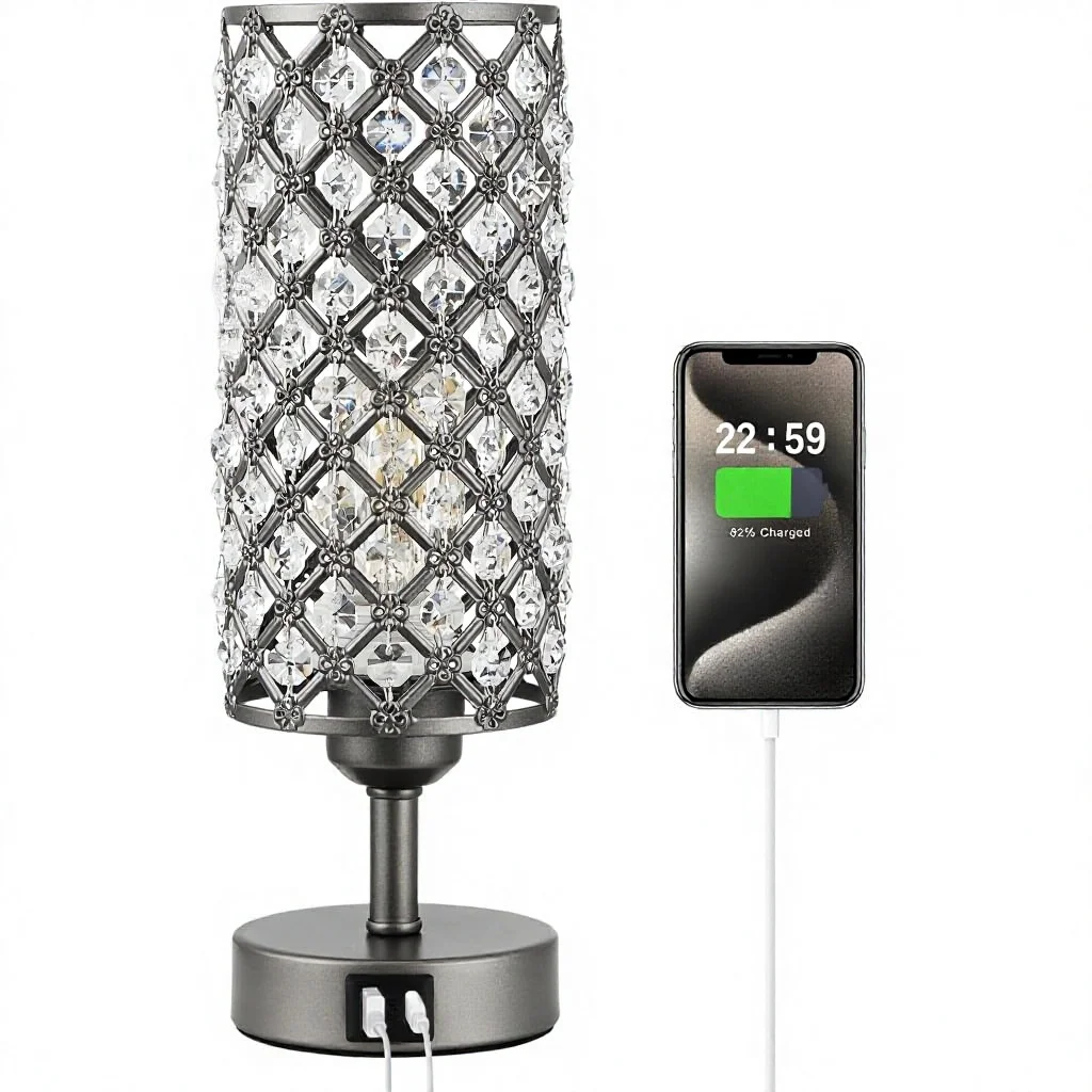 Graue Metall-Nachttisch- / Tischlampe mit transparentem Schirm (Leuchtmittel inklusive) | Touch-Steuerung, USB-C- und USB-A-Anschlüsse, 3-stufig dimmbare kleine moderne Lampe für