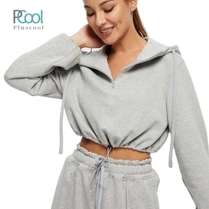 Blank Zip Front Crop Top White Black Grey Wholesale Custom Crop Top Hoodie Half Zip Sweatshirt Crop Top Womens Sports Hoody