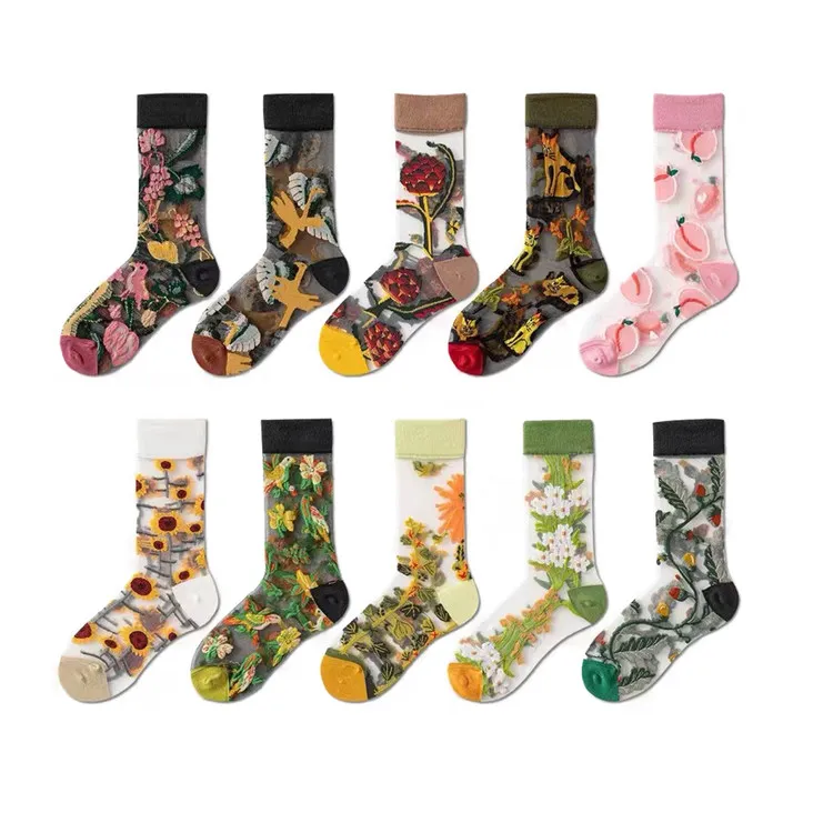 Оптовая продажа, прозрачные носки со стразами, стеклянные сетчатые кружевные милые чулки для девочек-подростков