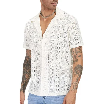breathable mesh hollow shirt short Casual fashion sleeve cardigan button down short sleeves for men