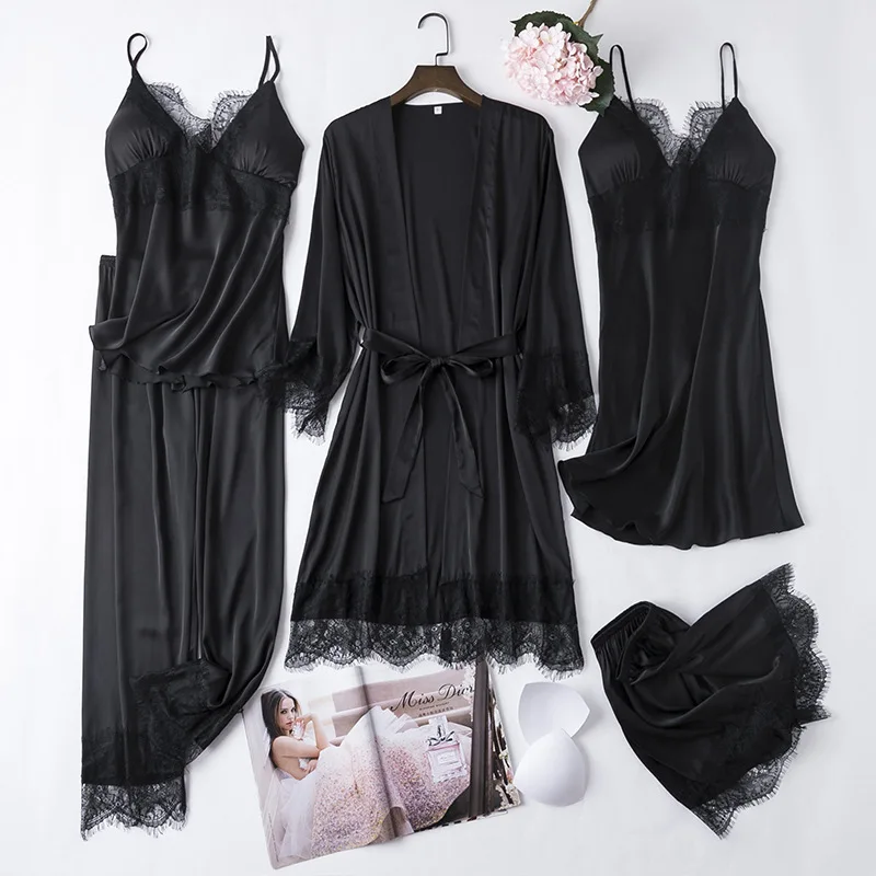 Women 5PCS Chemise Bride Wedding Robe Nightgown Sleepwear Kimono Bathrobe Lingerie Sexy Full Slip Lace White Silk Pajamas Set
