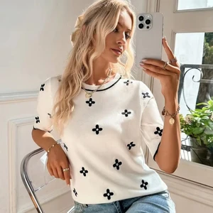 2025 Spring Summer Casual O-Neck Short Sleeve Sweater with Spaghetti Strap New Flower Pattern Natural Waistline Front Logo
