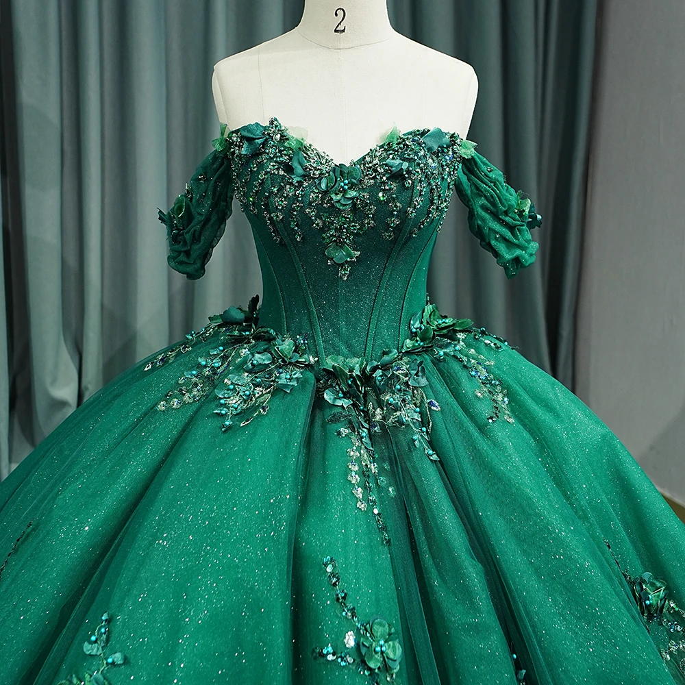 Emerald Green Beading Quinceanera Dresses Mexican Appliques 3D Flowers Ball  Gowns 6732