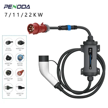 PENODA 32a 3phase 22kw Gb/t To Type 2 Ev Charger Type 2 Evse Ac Wallbox Portable Ev Charger With LCD