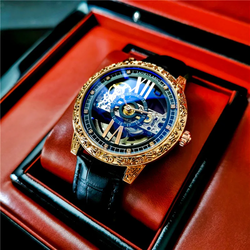 Large Number 360 Skeleton Dial and Case Back Full Black Vogue Engraved Flower Case Transparent Automatic Watch Mens