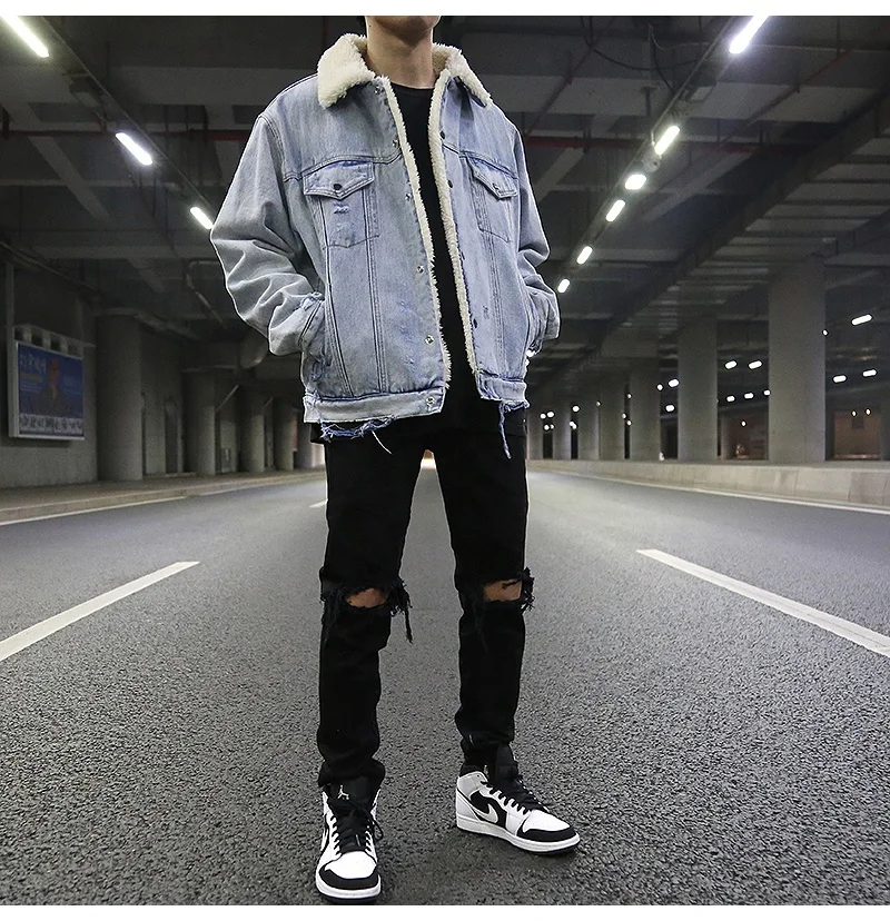OEM Private Label Men Custom Stock Dropshipping  Blue Distressed Sharpe Mens Denim Jacket