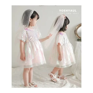 YOEHYAUL 20045 Custom 1-8T Unique Princess Luxury Baby Dresses Puff Short Sleeve Tulle Sequin Girl Children Lace Dress Patterns