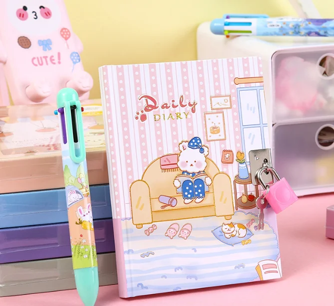 Hot Selling Stationery Hardcover Cute Cartoon Handbook Set With Lock Notebook Multi-color Pen Set Handbook Gift Set