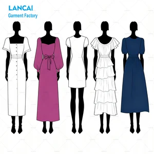 Customizable Women's Dresses Collection Trendy Styles Square Neck Puff Sleeve Ruffled Belted Dresses OEM ODM B