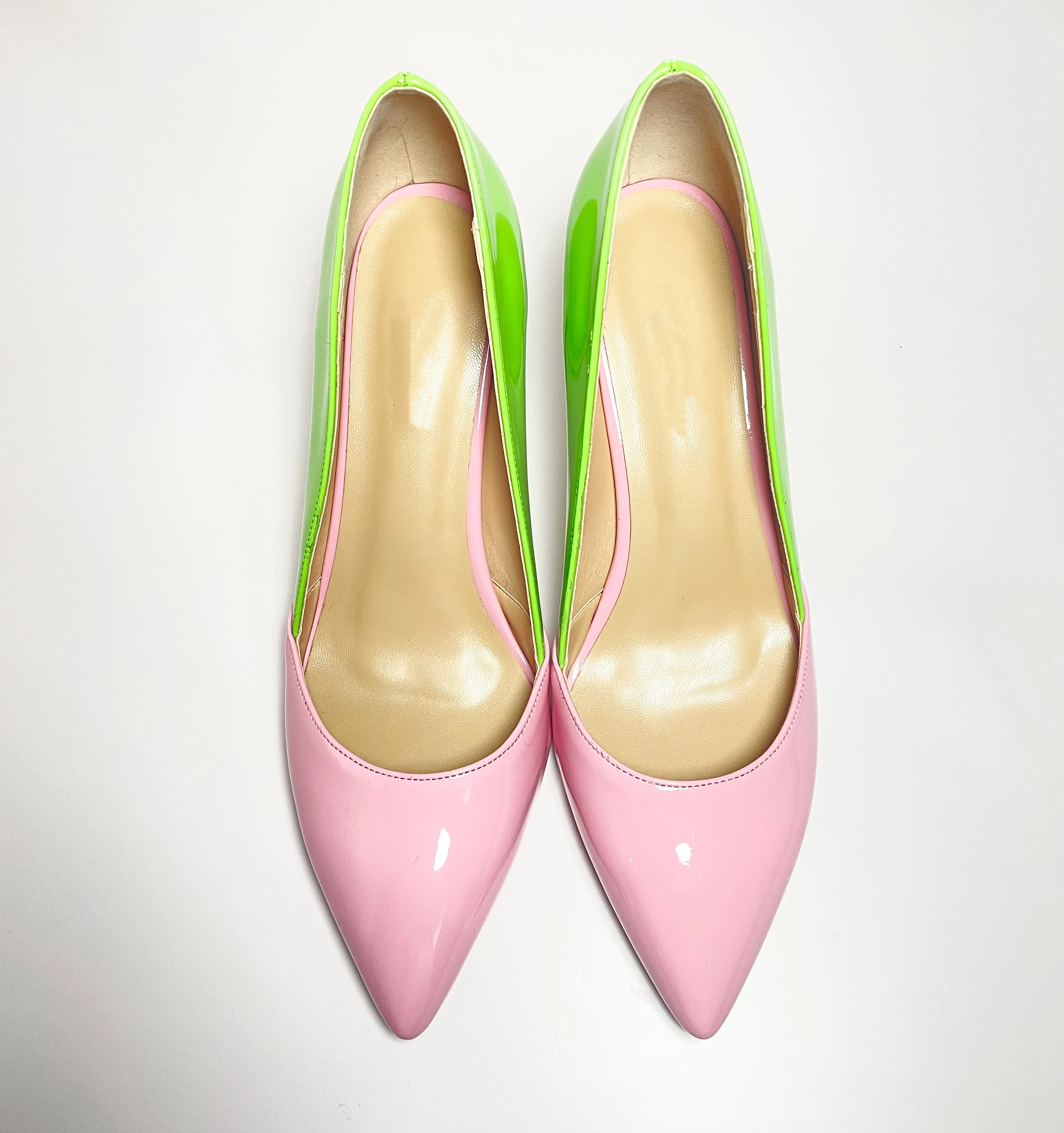 Patent Leather Pink &green Mixed Color High Heel Pumps Ladies Pointed Toe Luxury Women Thin Heel Pumps - Image 5