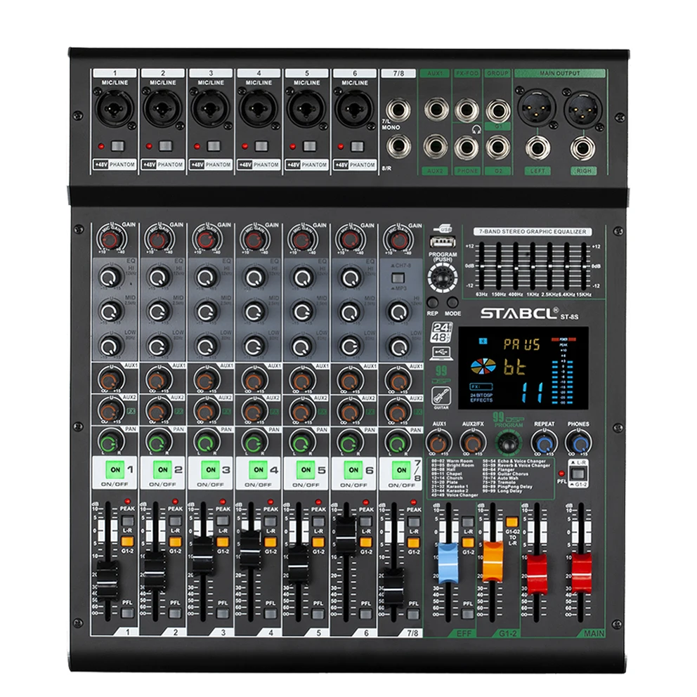 STABCL Professional 8 Channel Audio Mixer 48V Phantom Power Sound Cards Mixers for Club Applications