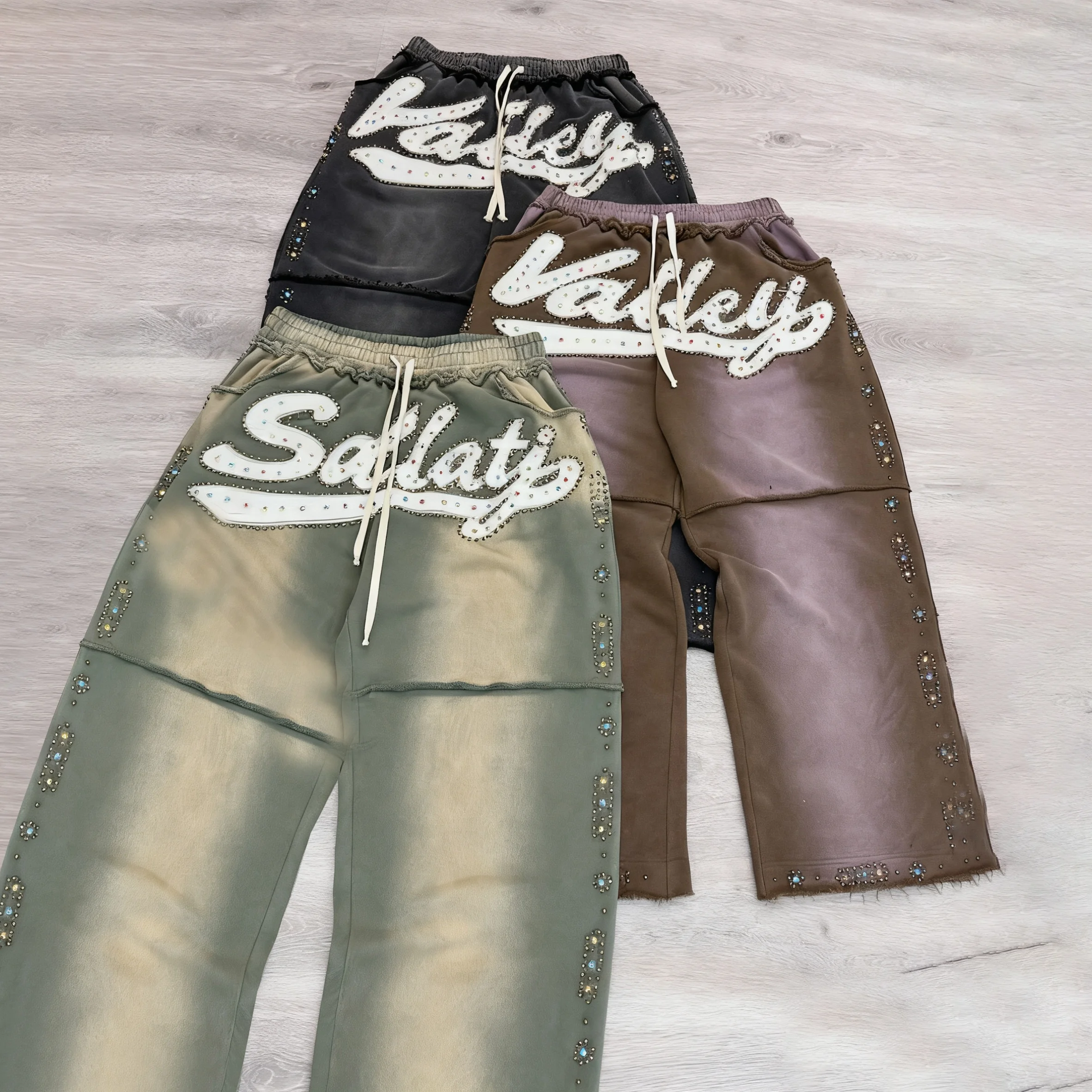 SALATI Manufacturer Custom Streetwear Rhinestone Heavy French Terry Cotton Distressed Wide Leg Casual Baggy Sweatpants for Men gallery 2
