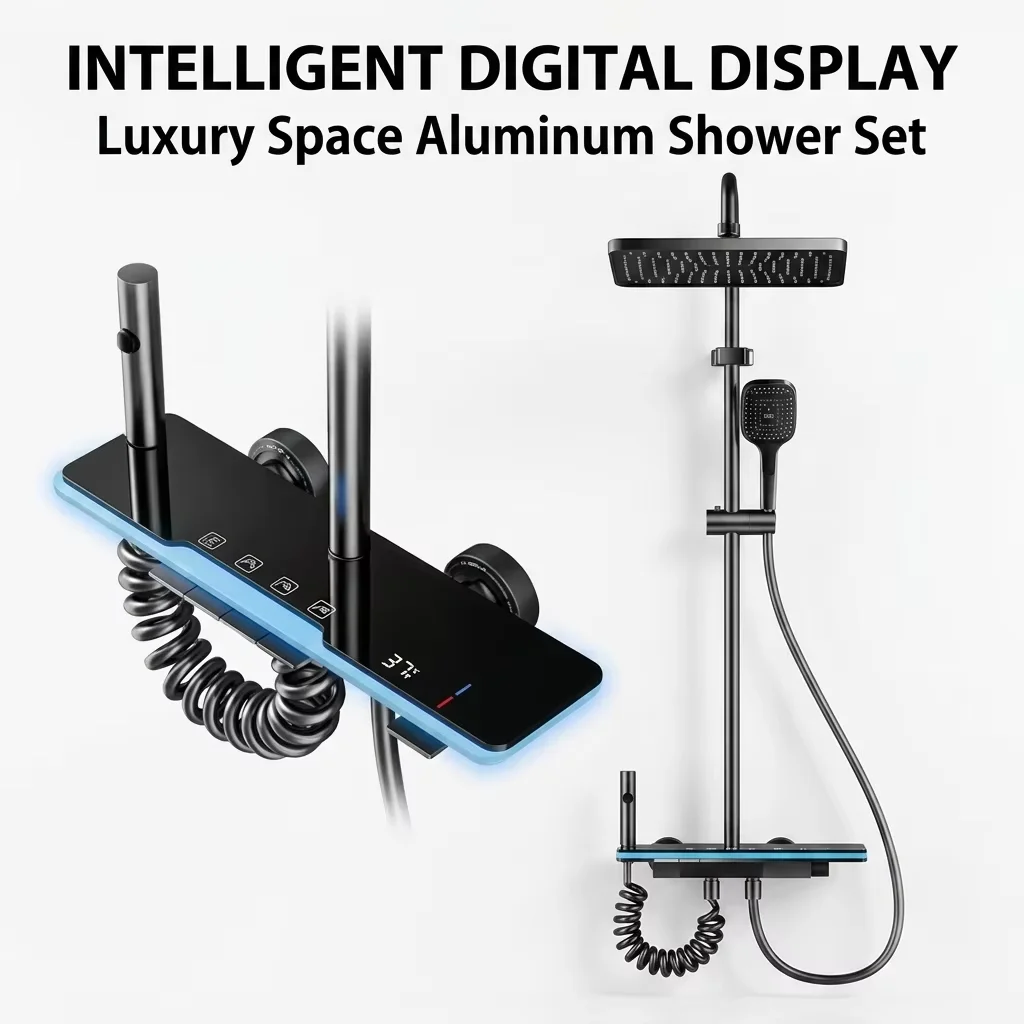 Conxunto de ducha con pantalla dixital de aluminio, sistema intelixente de ambiente, válvula cerámica tipo piano e chuveiro de presión suave de chuvia