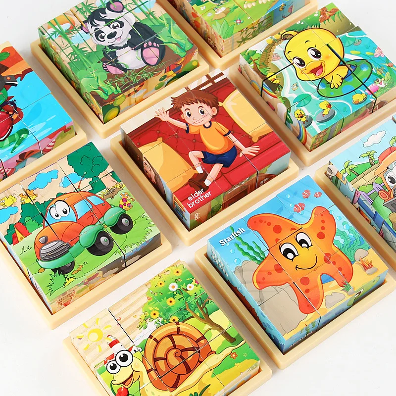 New Building Blocks 3D Stereoscopic Children Kindergarten Puzzle Toys 3-6-7 Years Old 6-sided Drawing 9-Piece Wooden Puzzle