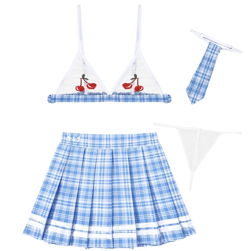 Women See-through Unlined Bra Pleated Skirt Plaid Lingerie Set Sexy ...