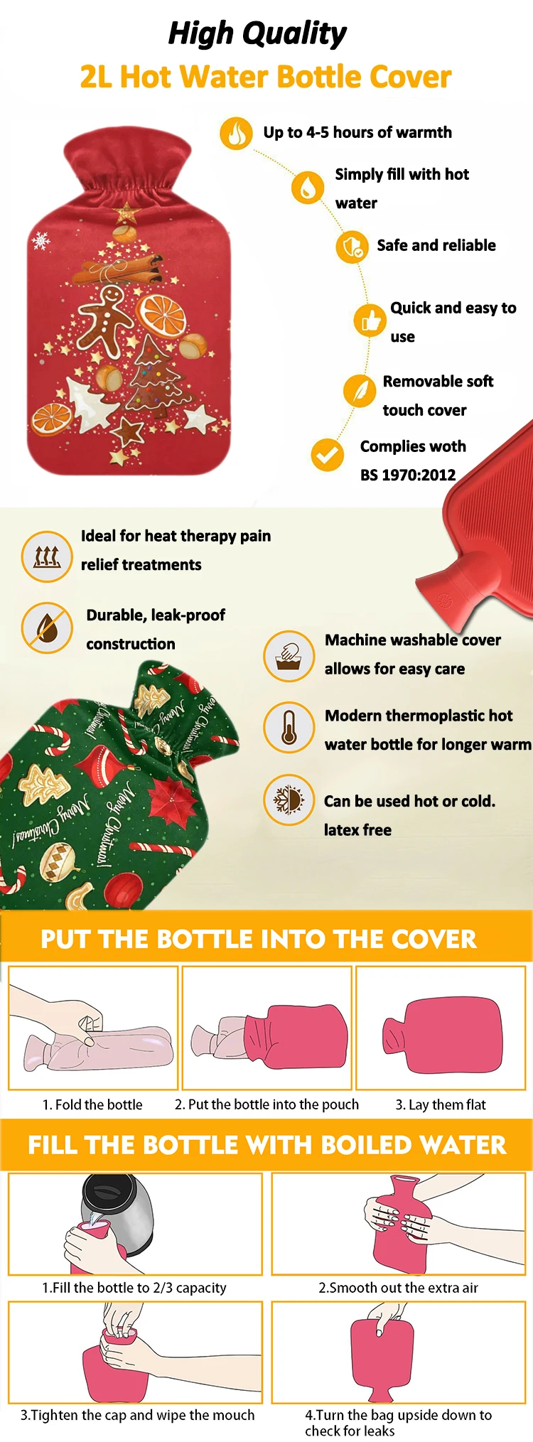 manufacturer reusable factory price 2000ml rubber pvc christmas warmer hot water bag bottle fleece cover