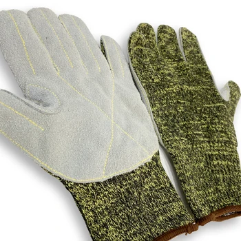 Metal Steel Industry Aramid Knit Heat Resistant Gloves Leather Palm Sewing