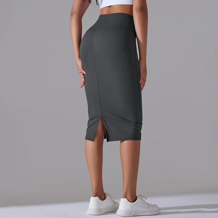 Women Girls Sexy Nude Feeling Mid-length Vent Package Hip Skirt Casual Solid Color High Waist Yoga Dress