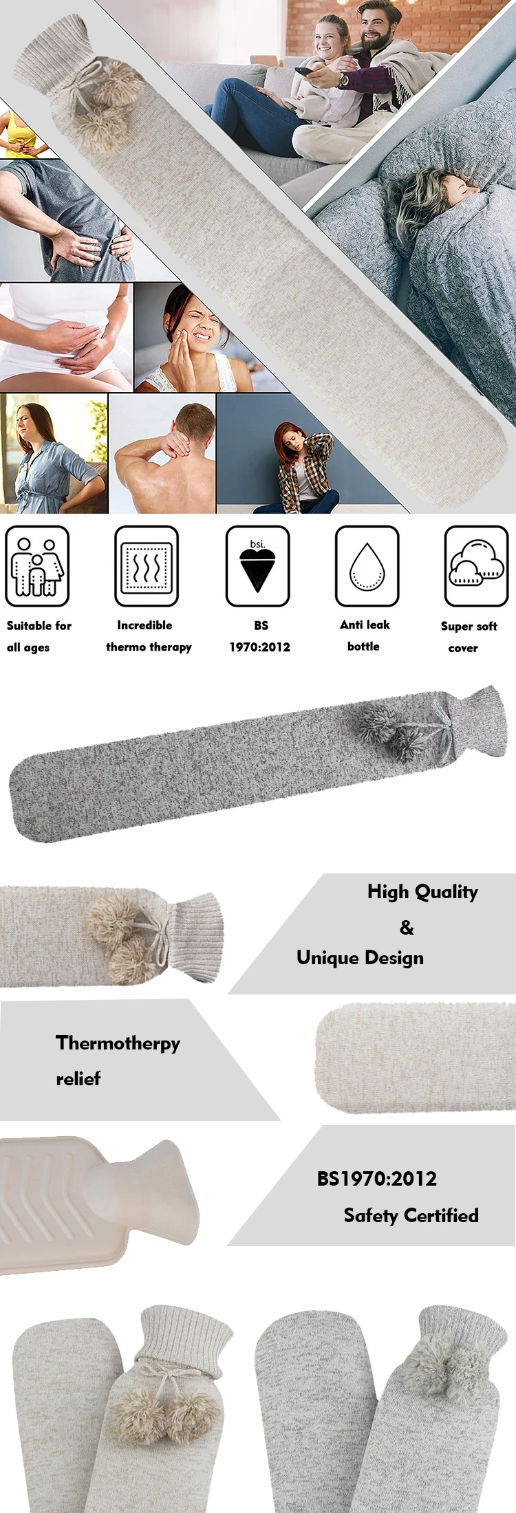 reusable 2l hand warmer portable wearable knitted hot water bottle rubber long hot water bag cover custom for menstrual cramp