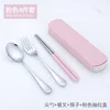 Juego de tres piezas de cuchara, tenedor y palillos + caja extraíble rosa