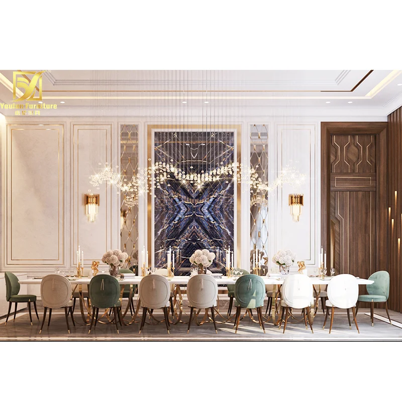 Luxury White 14 16 Chairs Seater Golden Stainless Steel Legs Base Villa  Pure Natural Marble Top Dining Table Set