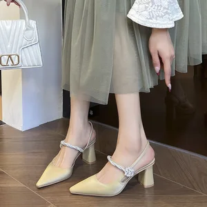 8877-1 Women's High-End Temperament Pointed Thin Heel Sandals with Covered Toe Thick Heel French Rhinestone Flowers Handbags