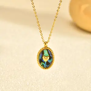 Retro Jewelry 18k Gold Plated Stainless Steel Jewelry Necklace Women Oval Moon Heart Abalone Shell Pendant Necklace
