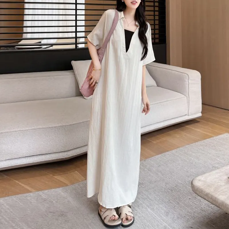 Modest Streetwear Maxi Dress Plus Size Short Sleeve Long Tee Shirts Casual  Girls Summer Split Linen Cotton T Shirt Dresses Women