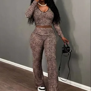 Viviblook Z215ST07 Spring V Neck Lace Leopard Print Sexy Casual High Waist Set Outfit Suit 2 Piece Pants Set for Women