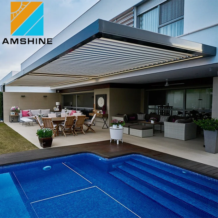 Backyard Solar Panel Electrical Opening Louvre Roof Aluminum Pergola With LED Lights