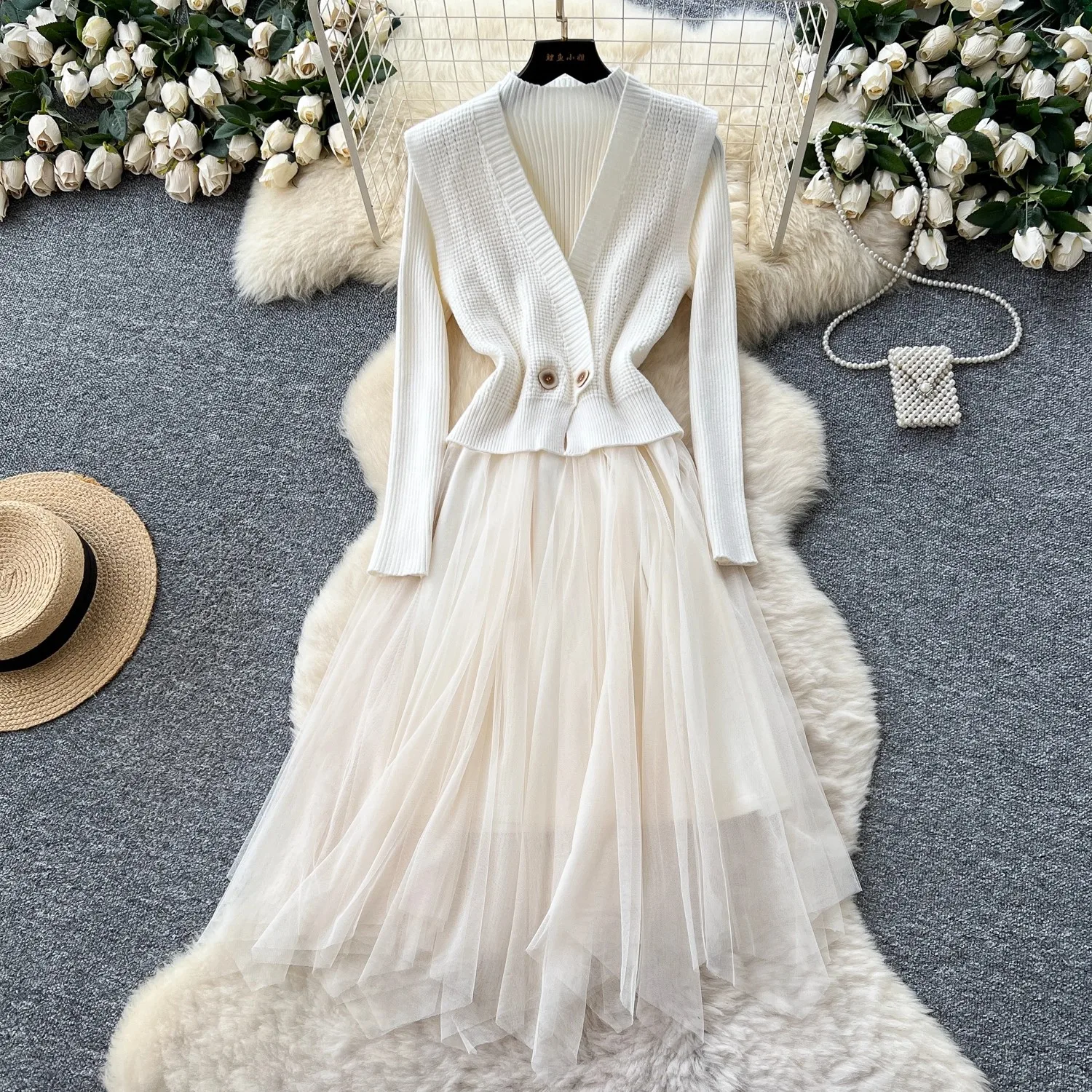 Vestido De Punto De Manga Larga Para Mujer | Otoño 2025, Tejido Acanalado, Corte Ajustado Y Cuello En V | Tallas S A XL