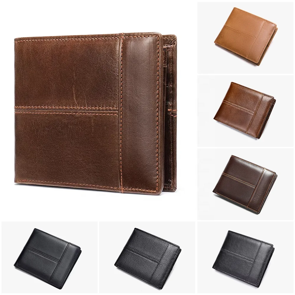 Custom Men Genuine Leather Bifold Slim Wallet RFID Large Capacity