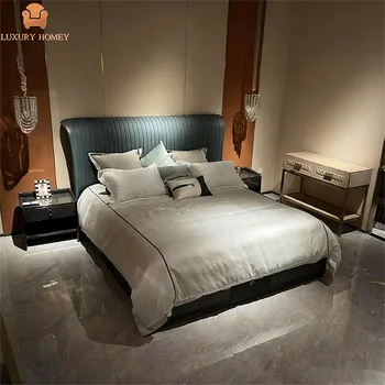 Luxury Homey High-end Modern Leather Queen Bedroom Furniture Set with Dressing Table Birch Wood Soft Bed Design