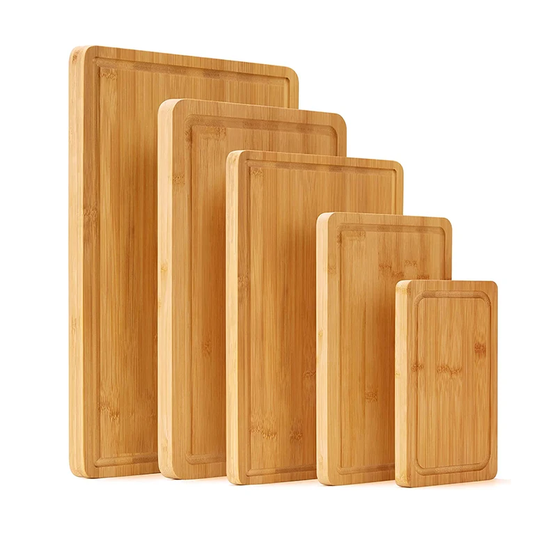 Bamboo Cutting Board Set of 5 Preparing and Serving Meat, Cheese etc, Large, Medium & Small Size Boards with Juice Grooves