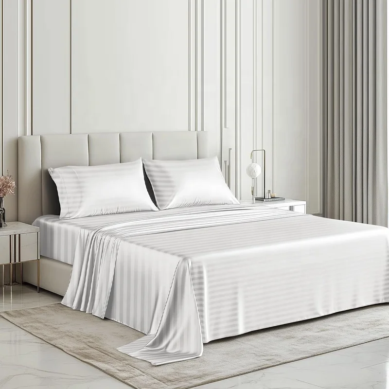 Meilleures ventes : ensemble de draps en satin luxueux et rafraîchissant à rayures blanches, 6 pièces, prix avantageux et haute qualité