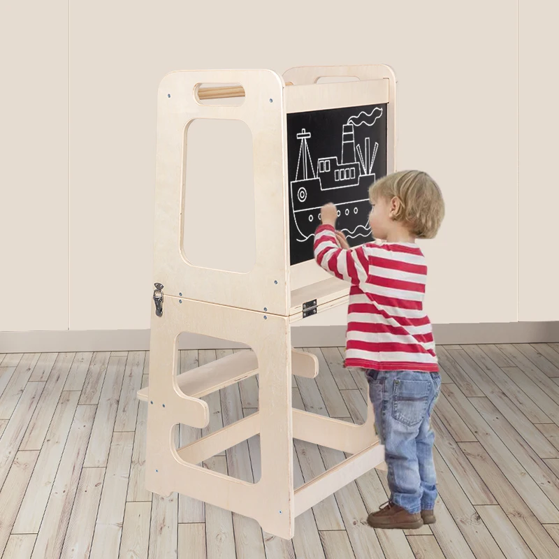 Foldable Kitchen Helper Step Stool Wooden Montessori Kids Learning Tower With Blackboards For Toddler