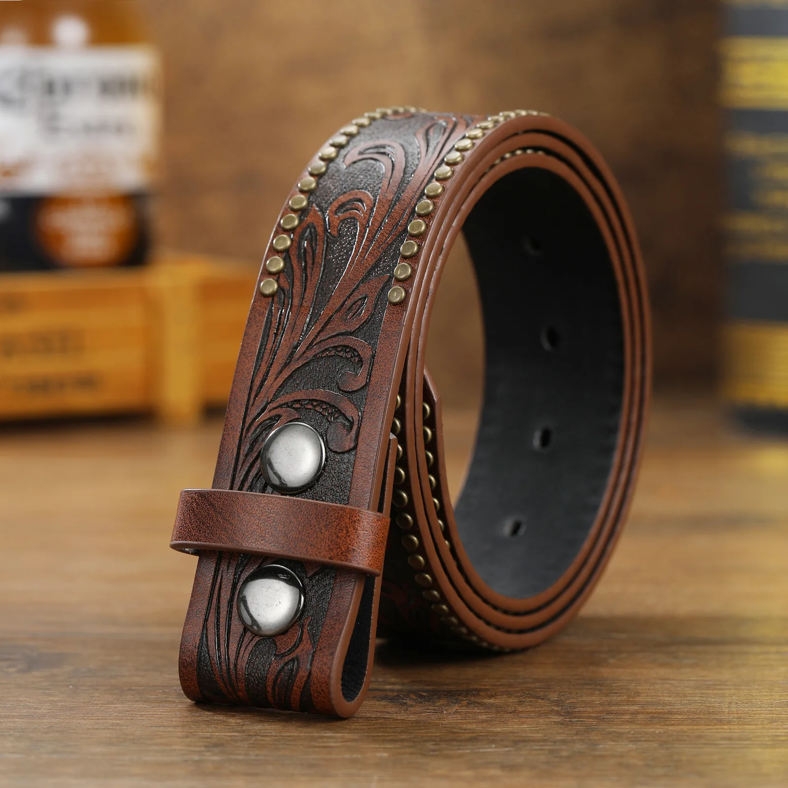 Western Cowboy PU Leather Belts Pattern Floral Engraved  display picture 2